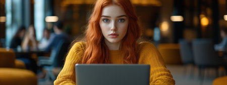 The young woman with vibrant red hair focuses on her laptop in a bustling cafの素材