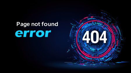 A digital graphic shows a 404 error message with vibrant colors and a high-tech look against a dark backdrop.の素材