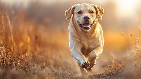 A joyful yellow Labrador running through a sunlit field, enjoying a beautiful autumn day filled with warmth.の素材