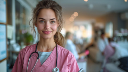 A young female nurse stands in a hospital hallway and smiles at the camera.の素材