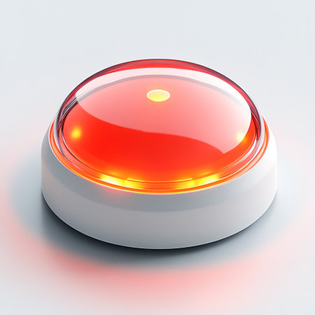 A bright red alert button illuminated on a simple background, indicating an urgent message or emergency.の素材