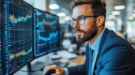 A man in a suit focuses on financial graphs and data displayed on computer monitors in a contemporary workspace.の素材