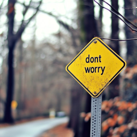 A yellow warning sign with the message don't worry adds a positive touch to a serene, tree-lined road.の素材