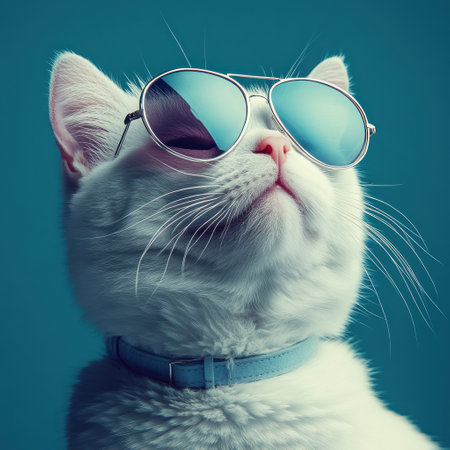 A confident white cat in sunglasses sits proudly, showcasing a playful and cool demeanor against a blue backdrop.の素材