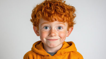 A cheerful boy with curly red hair and freckles is smiling happily, capturing a moment of pure joy indoors.の素材