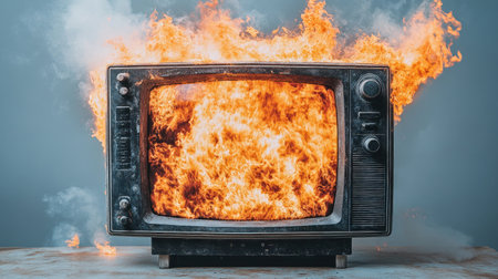 A vintage television set is surrounded by intense flames, creating a striking visual statement in a dim space.の素材