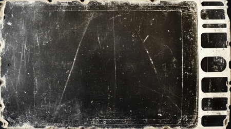 The scratched film frame showcases its vintage charm and rich connection to cinematic history.の素材