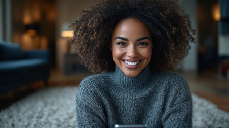 A woman with curly hair smiles while engaging with her smartphone in a bright living room.の素材