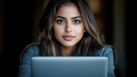 A young woman is concentrating on her laptop, immersed in her work or study at night.の素材