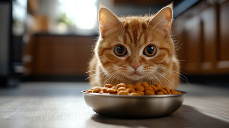 An orange tabby cat intently watches a bowl of kibble in a warm, inviting kitchen space.の素材