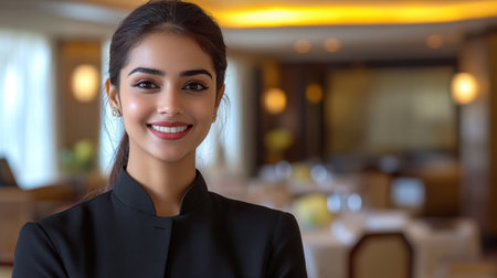 A young woman with a bright smile poses confidently in a luxurious dining environment.の素材