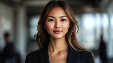 A young woman with long hair is smiling confidently in a contemporary office setting.の素材