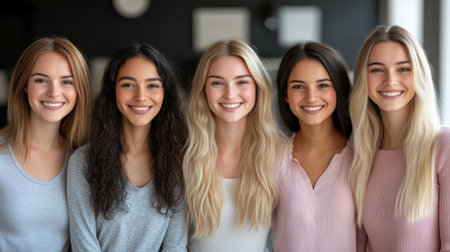 Five friends and gather share joyful smiles while posing indoors at a relaxed atmosphere.の素材
