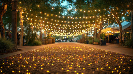 Warm string lights illuminate the pathway, inviting guests to enjoy the outdoor gathering.の素材