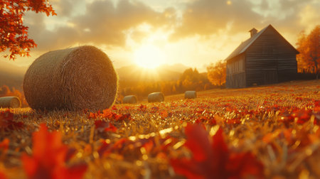 Bright orange and red leaves surround hay bales in a golden field at sunset in a peaceful countryside.の素材