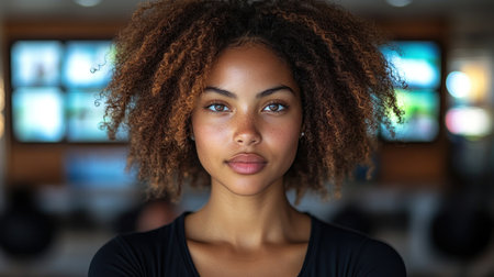 A young woman stands confidently, showing her natural beauty and curly hairstyle in a lively indoor space.の素材