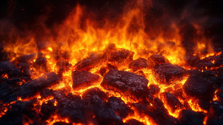 Bright orange and red lava glows against black volcanic rocks, showcasing natures intense heat and power.の素材