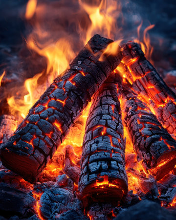 Bright flames dance around the scorched logs, creating a warm glow in the dark surroundings.の素材