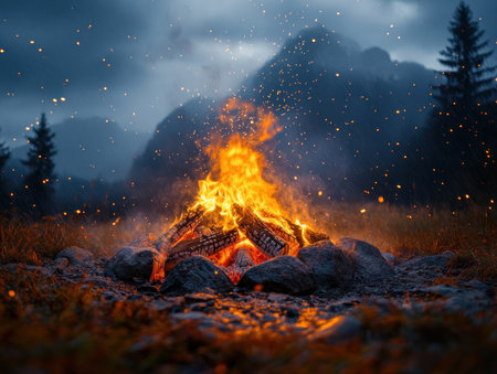 Warm flames dance among rocks, illuminating the surrounding dark forest at dusk, creating a serene atmosphere.の素材