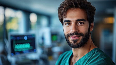 A healthcare professional with a beard smiles while wearing scrubs in a well lit medical facility.の素材