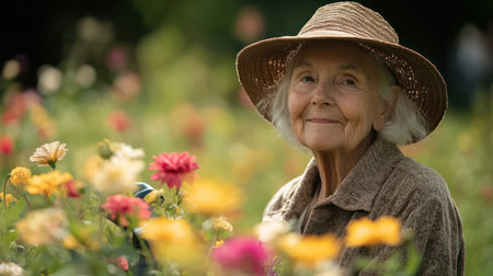 An elderly woman smiles while seated among blooming flowers in a bright garden on a sunny day.の素材