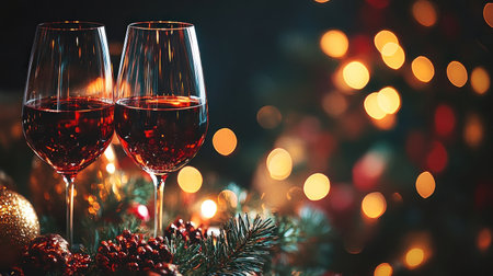 Two glasses of red wine sit among pine cones and ornaments, illuminated by warm holiday lights.の素材