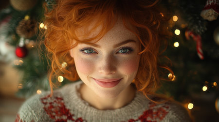 A cheerful young woman with curly red hair poses with happiness near a beautifully adorned Christmas tree.の素材