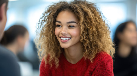 Young woman with curly hair smiles warmly while interacting with a friend in a busy office.の素材
