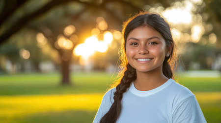 A girl stands in a park, smiling brightly as the sun sets behind her, illuminating the space with warm light.の素材