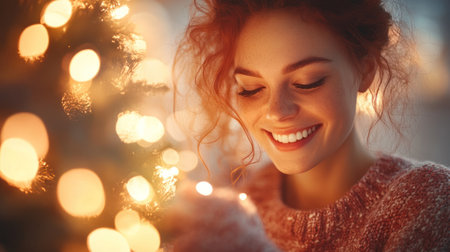 Woman smiles happily while holding Christmas lights in a warm and inviting holiday atmosphereの素材