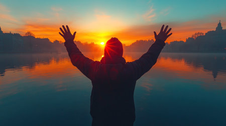 A person stands by the water at sunrise, arms outstretched, embracing the beauty of the new day.の素材