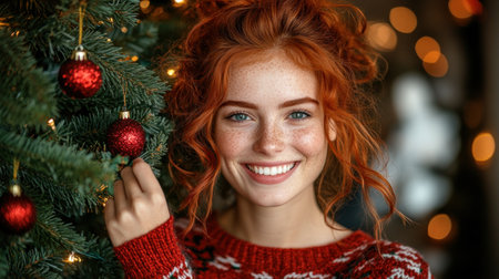A joyful young woman with red hair decorating a Christmas tree with red ornaments in a warm atmosphereの素材