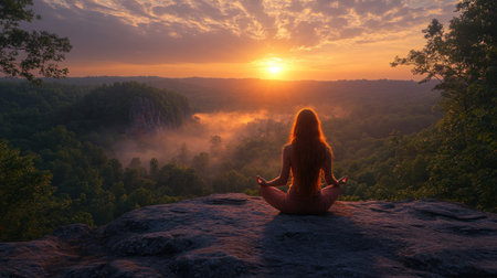 A person practices meditation on a rock while watching the sunrise over the misty landscape.の素材