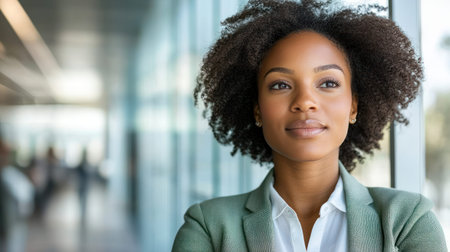 Professional woman poses thoughtfully near large glass windows in a contemporary office.の素材