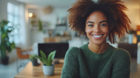 Joyful young woman with natural curls enjoying a warm moment in a bright indoor setting with plants.の素材