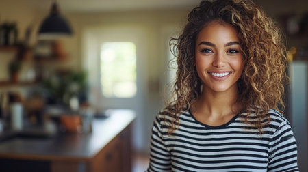 Young woman with curly hair smiles warmly in a cozy kitchen filled with natural light.の素材
