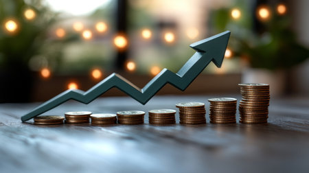 Coins stacked in a row with a graph indicating upward growth in a cozy atmosphere.の素材