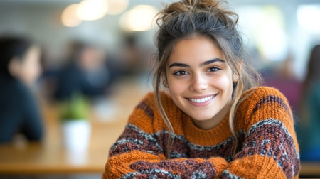 A young woman relaxes in a cafの素材
