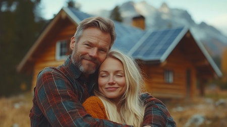 Lovers enjoy a cozy embrace near a wooden cabin surrounded by stunning mountain scenery.の素材