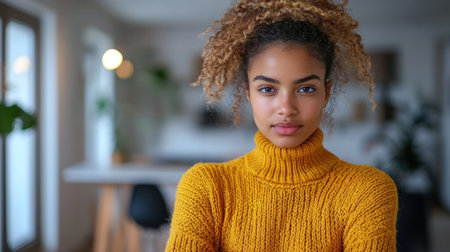 A young woman stands with arms crossed in a bright room, showing her vibrant yellow sweater and curly hair.の素材