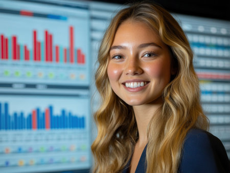 A confident young woman stands by digital financial displays, radiating positivity and professionalism.の素材
