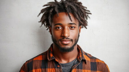 A young man stands confidently with a serious expression while wearing a checkered shirt.の素材