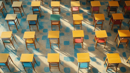 Desks and chairs are organized in rows, casting shadows in a well lit educational space.の素材