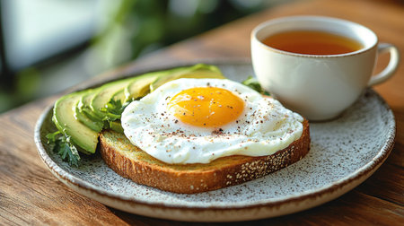 A scrumptious breakfast with toast topped by a fried egg and fresh avocado, accompanied by tea.の素材