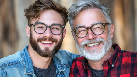 Two men share a joyful moment outdoors, showcasing their smiles and friendship in casual clothing.の素材