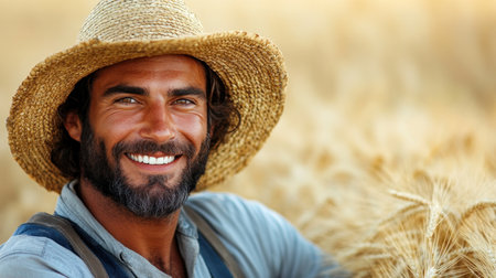 A farmer with a straw hat smiles brightly while standing in a golden wheat field on a sunny day.の素材