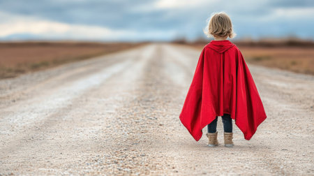 A child wearing a bright red cloak gazes down an empty gravel road beneath gray clouds.の素材