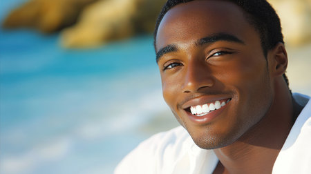 Joyful young man smiling widely while enjoying the beach under bright sunlight with a beautiful ocean view.の素材