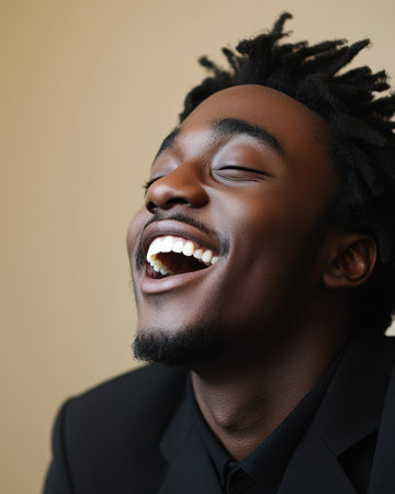 A young man in a black suit expresses pure happiness with a wide smile and sparkling eyes indoors.の素材