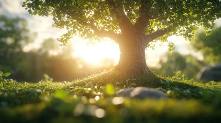 A beautiful tree stands in a lush green area, illuminated by the warm glow of the setting sun.の素材